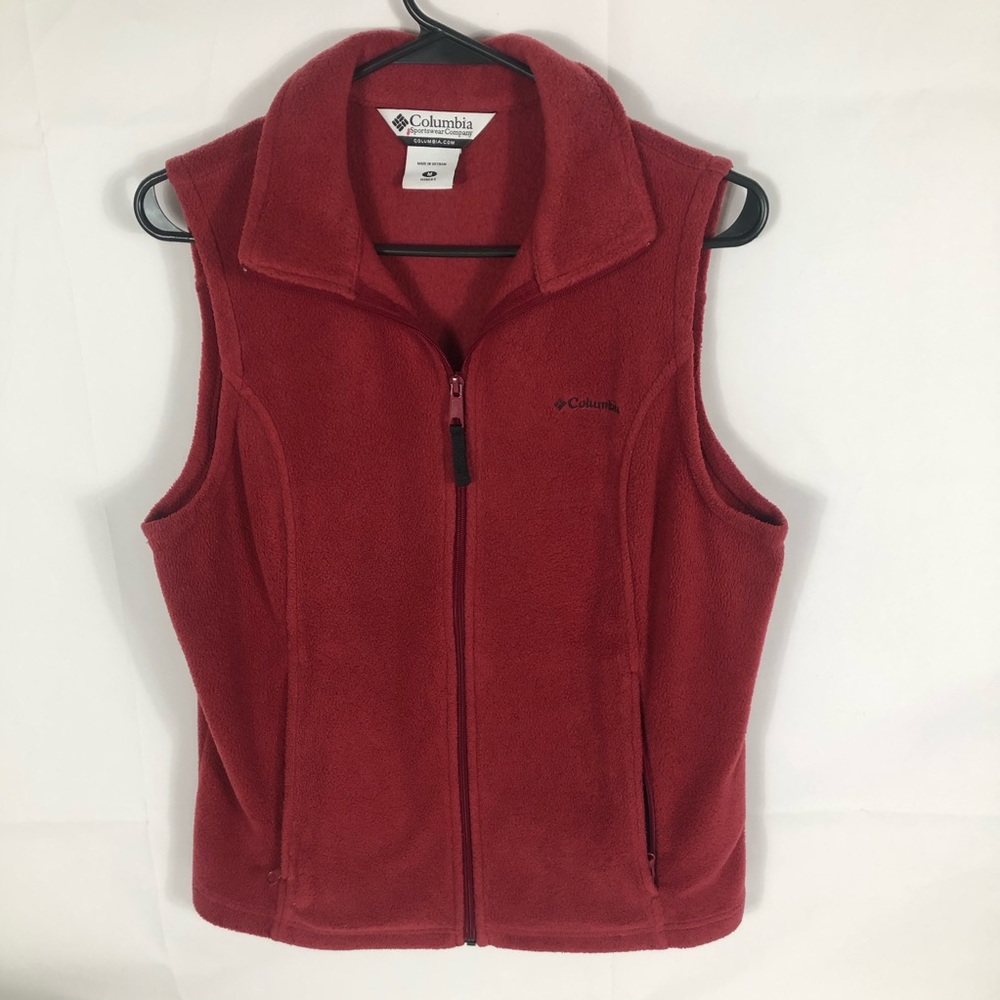 Columbia Vest Womens Medium Red Fleece Zip Pockets Spellout